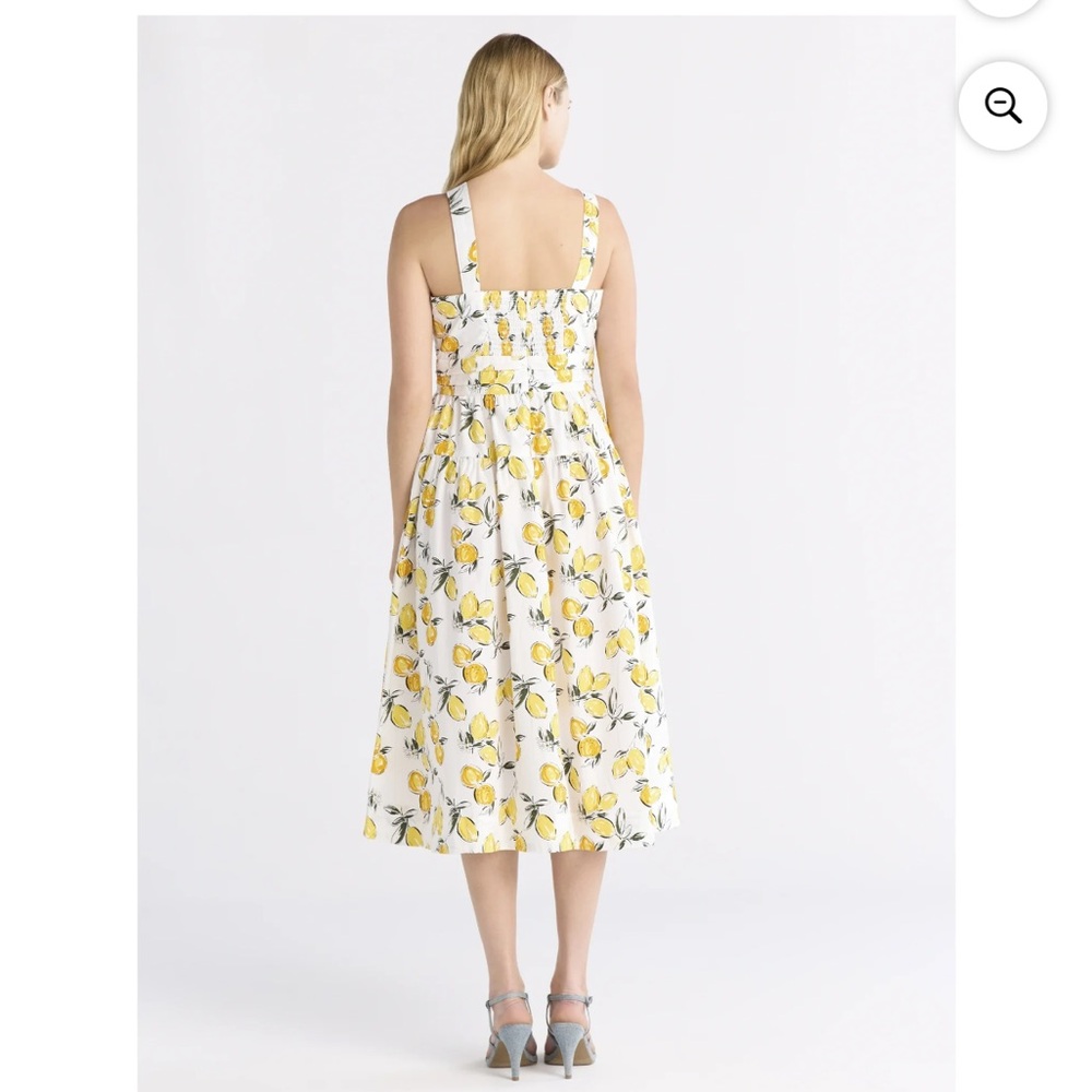 Free Assembly Women's Ruched Cutout Cotton Midi Dress Lemon Print White Sundress - Picture 2 of 9